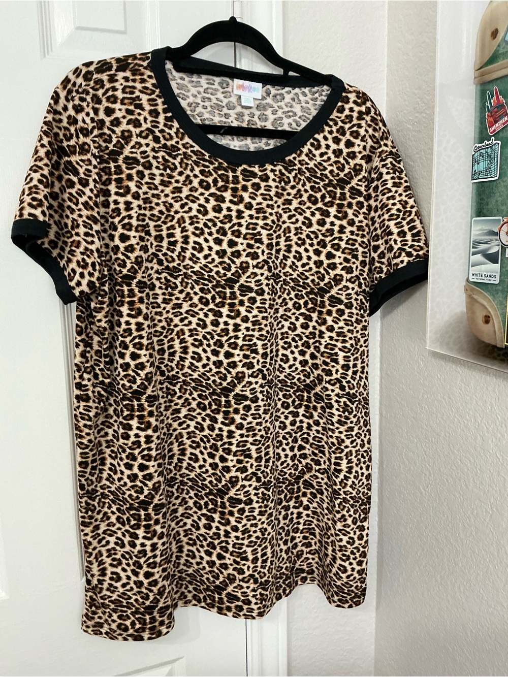 LuLaRoe Leopard Print Short Sleeve Tee with Black Trim Liv